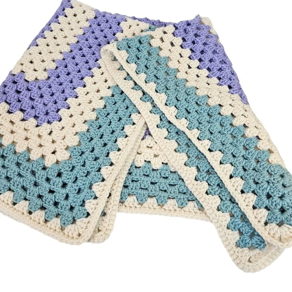 VTG Crochet Handmade Knit Throw Lap Blanket Muted Tone Green Purple Grannysquare